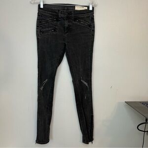 Rag & Bone Women's 26 Mid Rise Skinny Distressed Moto Jeans Black Side Zipper
